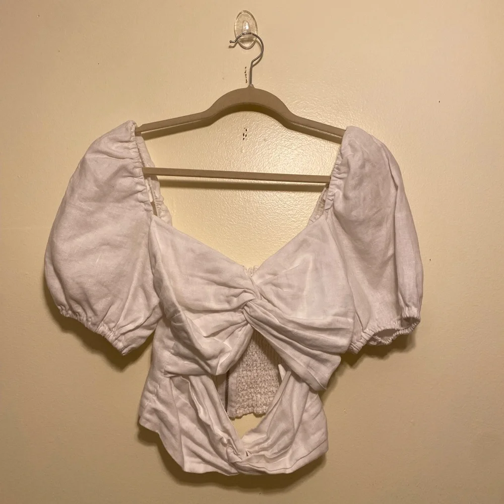 Reformation Karina Linen White Cutout Puff-Sleeve Top. Size 4